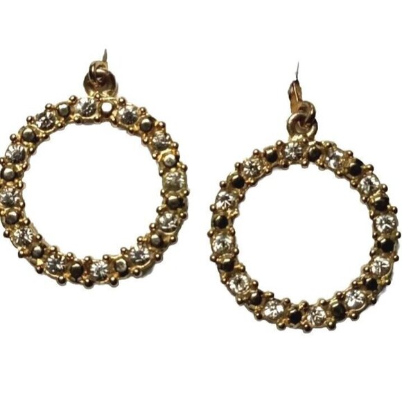 SH AVON Signed Vintage Earrings Gold Tone Pave Set White Rhinestones Hoop Dangle - Picture 3 of 11